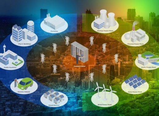 Smart Grid conceptual abstract. Various architectures and applications about renewable energy and modern lifestyle, smart energy network, smart city, internet of things