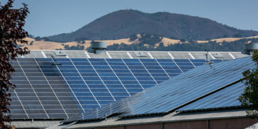 GEYSERVILLE, CA - AUGUST 1: A rooftop array of solar panels is viewed at Clos du Bois Winery on August 1, 2017, near Geyserville, California. Following a record winter rainfall on the North Coast, eliminating a five-year drought, the grape growing season enters a "quiet" summer period and is shaping up to be a normal harvest and above-average crop, good news for this popular Northern California Wine Country tourist destination. (Photo by George Rose/Getty Images)