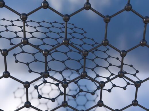 Graphen, einlagige Kohlenstoffmodifikation aus aromatischen Sechsringen, aus quantenmechanischen Gründen nicht völlig planar, neuer Werkstoff mit großer Festigkeit. künstlerische Darstellung der Struktur.