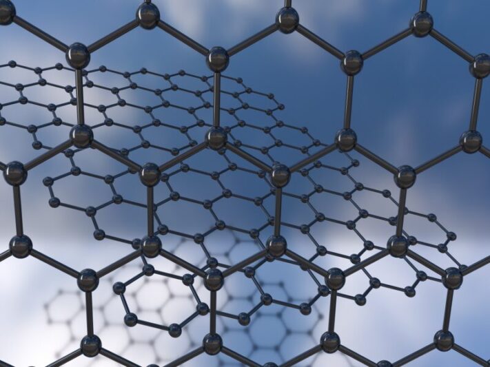 Graphen, einlagige  Kohlenstoffmodifikation aus aromatischen Sechsringen, aus quantenmechanischen Gründen nicht völlig planar, neuer Werkstoff mit großer Festigkeit. künstlerische Darstellung der Struktur.
