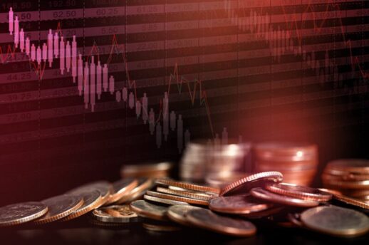 Pile of coins on black background with red light, dropped financial graph and stock table. Double exposure with copy space. Money concept.