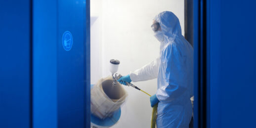 Herstellung einer Sprühbeschichtung auf einem G1-Tiegel am Fraunhofer IISB im Rahmen des SYNERGIE Projektes. Preparation of a spray coating on a G1 crucible at Fraunhofer IISB within the SYNERGIE project.