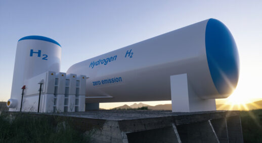 Hydrogen renewable energy production - hydrogen gas for clean electricity solar and windturbine facility. 3d rendering.