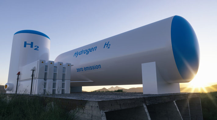 Hydrogen renewable energy production - hydrogen gas for clean electricity solar and windturbine facility. 3d rendering.